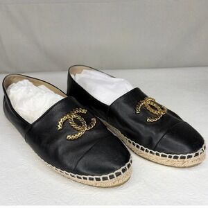 Chanel Black Lambskin Leather CC Chain Logo Espadrilles Flats Shoes 38